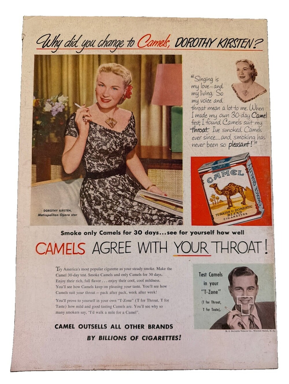 1952 Camel Cigarettes Print Ad Dorothy Kirsten American Opera Soprano Singer Art